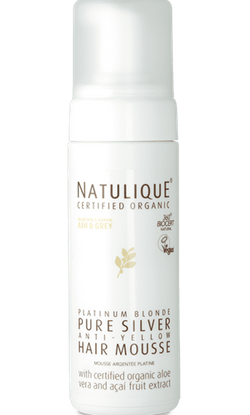 Natulique Pure Silver pianka do układania włosów blond i siwych usuwająca żółte tony z ekstraktem z owoców mango, 150 ml