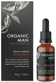 Organic Life Organic Man serum regenerujące do twarzy dla mężczyzn w płynie z oczarem i wąkrotką azjatycką, 30 g