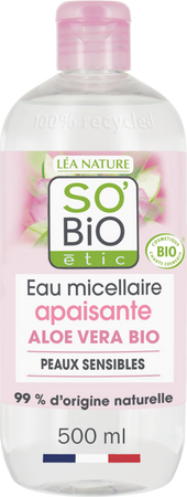 So Bio ALOE VERA hipoalergiczna kojąca woda micelarna do oczyszczania twarzy i demakijażu z aloesem, wodą różaną i rumiankiem do cery wrażliwej i alergicznej 500 ml